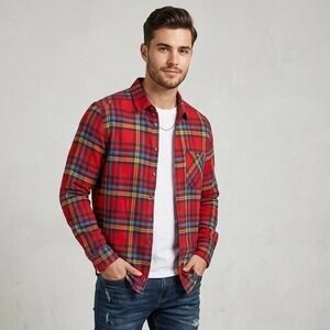 Identic Mens Flannel Shirt Red Blue Yellow Plaid Long Sleeve Button Up Size M